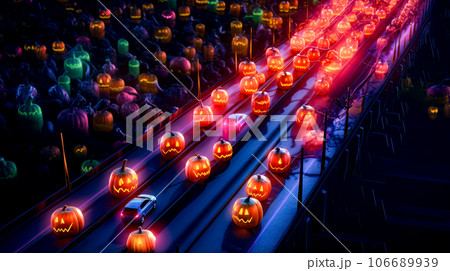 Bunch of pumpkins that are sitting on train track with car in front of them. Generative AI 106689939