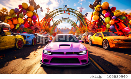 Group of cars driving down street next to roller coaster at amusement park. Generative AI 106689940