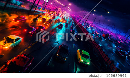 City street filled with lots of traffic under purple and blue sky. Generative AI 106689941