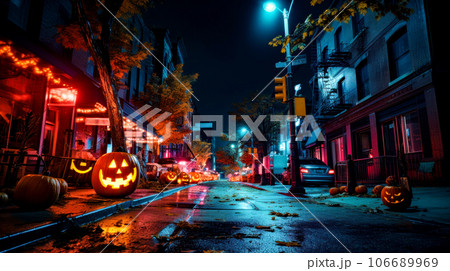 City street at night with lighted jack - o'- lantern. Generative AI City street at night with lighted jack - o'- lantern. Generative AI 106689969