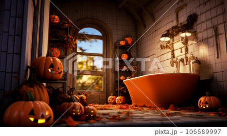 Bathroom decorated for halloween with pumpkins on the floor and bathtub. Generative AI Bathroom decorated for halloween with pumpkins on the floor and bathtub. Generative AI 106689997