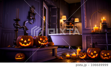 Group of carved pumpkins sitting on top of wooden floor next to bathtub. Generative AI 106689999