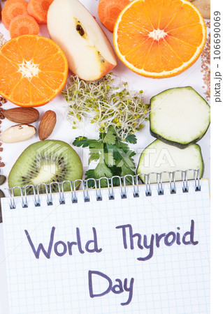 Notepad with inscription World Thyroid Day and best food containing vitamins for healthy thyroid 106690069