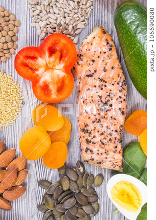 Nutritious food containing natural vitamins and minerals as best eating for healthy hair 106690080
