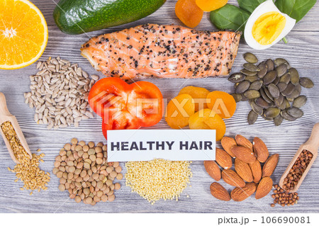 Nutritious food containing natural vitamins and minerals as best eating for healthy hair 106690081