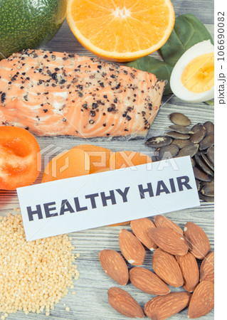 Nutritious food containing natural vitamins and minerals as best eating for healthy hair 106690082