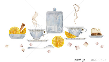 Watercolor hand drawn illustration Porcelain tea cups, storage jar, crockery, sugar cubes lemon slices. Isolated on white background. For invitations, cafe, restaurant food menu, print, website, cards 106690696