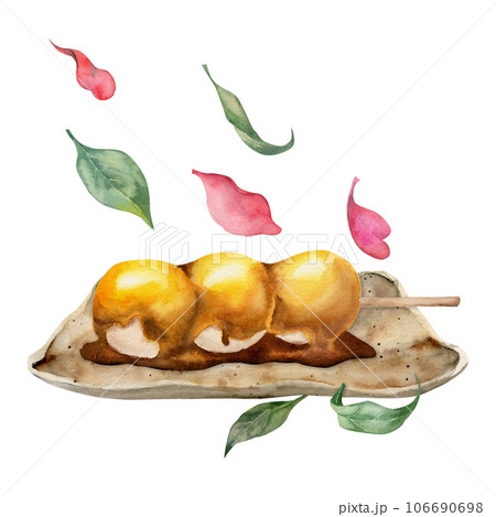 Watercolor hand drawn traditional Japanese sweets. Ceramic dish, mitarashi dango, camellia flower. Isolated on white background. Design for invitations, restaurant menu, greeting cards, print, textile 106690698