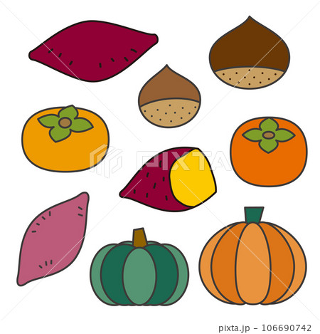 秋の色々な食べ物のポップなイラストセット 106690742