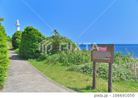 伊豆半島・南伊豆・爪木崎・遊歩道の分岐に立てられた案内看板と爪木崎灯台・静岡県下田市(2) 106691050
