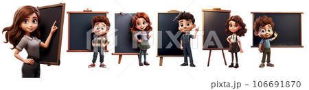 Set of Cartoon Children Standing in Front of Blackboard Set of Cartoon Children Standing in Front of Blackboard 106691870