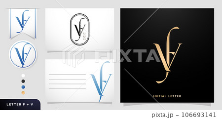 Initial Letter FV or VF monogram logo design template elements for your business with elegance style, Stationery, Layouts collages, prints materials, screen printing, letterpress foil golden colors 106693141