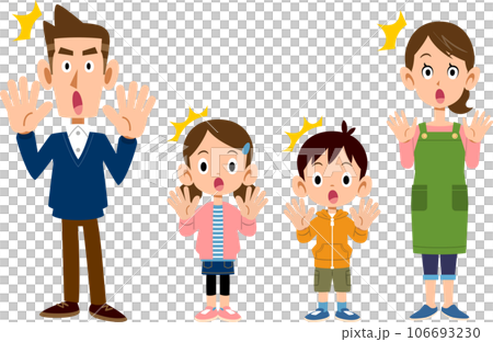 びっくりする四人家族の仕草と表情 106693230