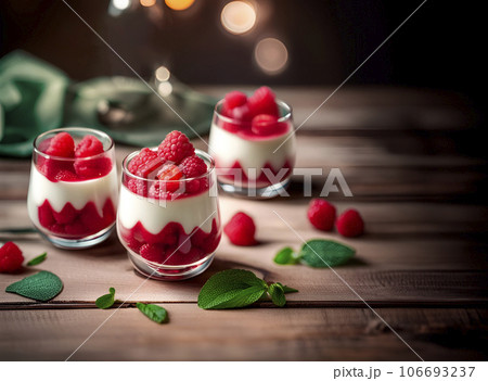 Italian dessert panna cotta with raspberries, mint leaves on a wooden plate 106693237