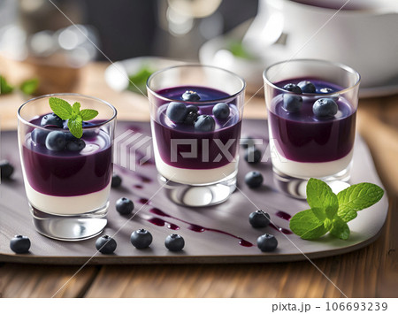 Italian dessert panna cotta with blueberries, mint leaves on a wooden plate Italian dessert panna cotta with blueberries, mint leaves on a wooden plate 106693239