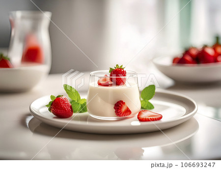 Italian dessert panna cotta with strawberries, mint leaves on a wooden plate 106693247