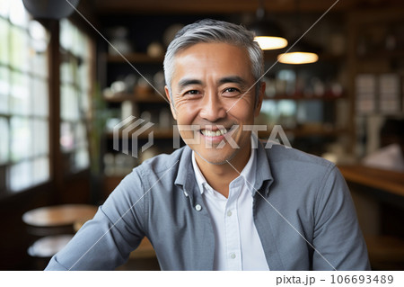Middle aged Asian man smiling, looking at camera, closeup indoor portrait 106693489