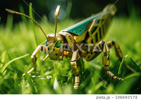 Futuristic robotic animal. Wildlife mechanical grasshopper insect with integrated nanotechnology. Future robot technology concept Futuristic robotic animal. Wildlife mechanical grasshopper insect with integrated nanotechnology. Future robot technology concept 106693578