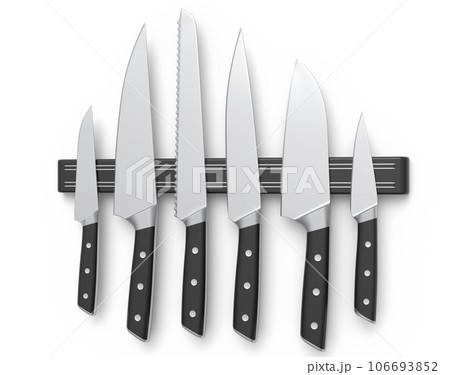 Set of chef's kitchen knives and kitchen utensil hanging on shelf Set of chef's kitchen knives and kitchen utensil hanging on shelf 106693852