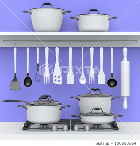 Set of kitchen utensil, stewpot, frying pan and chrome cookware hanging on shelf 106693864
