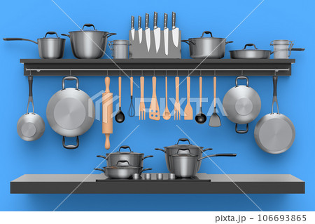 Set of kitchen utensil, stewpot, frying pan and chrome cookware hanging on shelf Set of kitchen utensil, stewpot, frying pan and chrome cookware hanging on shelf 106693865