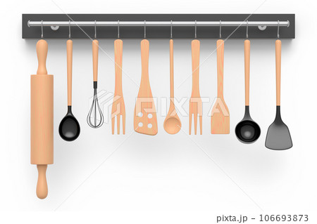 Set of kitchen utensil for preparation of dough hanging on shelf on white. Set of kitchen utensil for preparation of dough hanging on shelf on white. 106693873