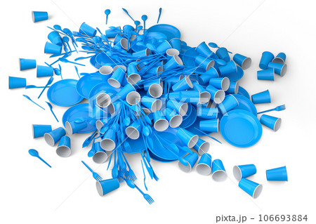 Heap of disposable utensils like plate, folk, spoon,knife and cup on white. 106693884