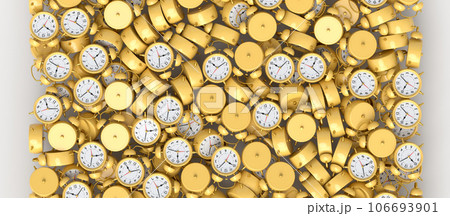 Pile of alarm clocks on white background. 3d render of wake up time 106693901