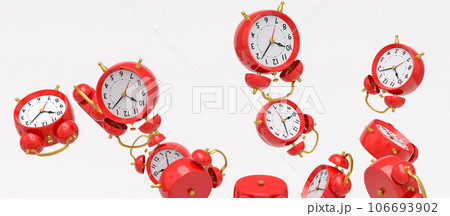 Many of flying alarm clocks on white background. 3d render of wake up time 106693902