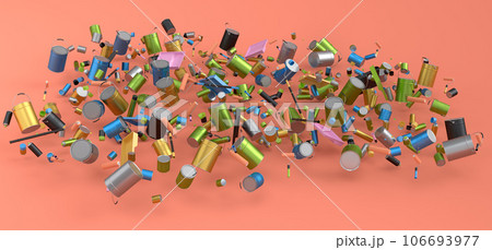 Many of flying metal cans or buckets with paint roller, brush on orange Many of flying metal cans or buckets with paint roller, brush on orange 106693977