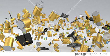 Many of flying metal cans or buckets with paint roller, brush on white Many of flying metal cans or buckets with paint roller, brush on white 106693978