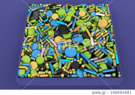 Pile of plastic cans or buckets with paint roller, brush on violet background Pile of plastic cans or buckets with paint roller, brush on violet background 106693981