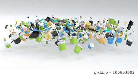 Many of flying plastic cans or buckets with paint roller, brush on white Many of flying plastic cans or buckets with paint roller, brush on white 106693982