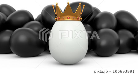 Crowd of farm black chicken eggs and unique white egg in gold royal king crown 106693991