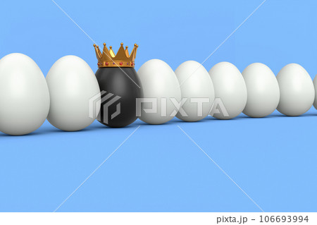 Queue of farm white chicken eggs and unique black egg in gold royal king crown Queue of farm white chicken eggs and unique black egg in gold royal king crown 106693994