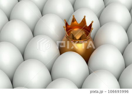 Heap of farm white chicken eggs and unique gold egg in royal king crown Heap of farm white chicken eggs and unique gold egg in royal king crown 106693996