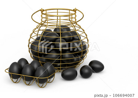 Luxury black eggs in metal basket or paper cardboard for morning breakfast 106694007