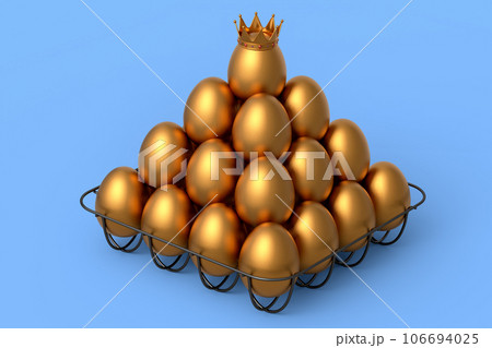 Luxury gold eggs standing in pyramid in metal tray for morning breakfast Luxury gold eggs standing in pyramid in metal tray for morning breakfast 106694025