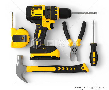 Flying view of yellow construction tools for repair on white background 106694036