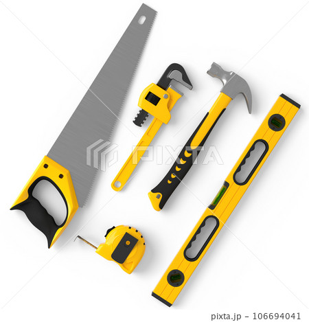 Flying view of yellow construction tools for repair on white background Flying view of yellow construction tools for repair on white background 106694041