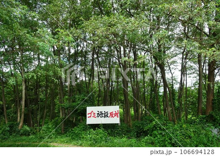 看板 反対運動の立て看板と立木背景 看板 反対運動の立て看板と立木背景 106694128