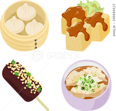 小籠包や臭豆腐や豬血糕や水餃子などの、美味しくて個性的な台湾料理のアイコンです。 小籠包や臭豆腐や豬血糕や水餃子などの、美味しくて個性的な台湾料理のアイコンです。 106694423