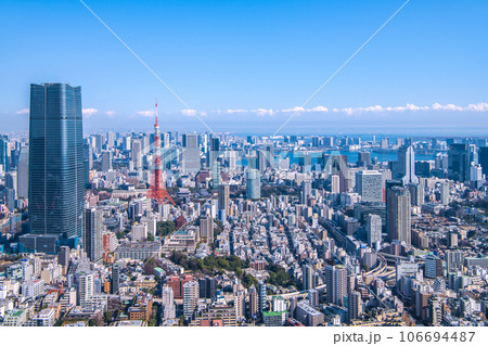 日本の東京都市景観　大都会・東京や東京タワーなどを望む。画面奥は晴海や豊洲方面。さらに奥は千葉方面 106694487