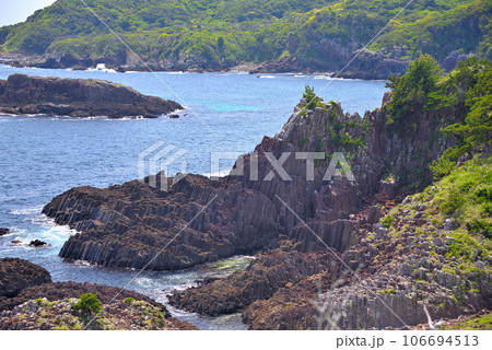 伊豆半島・南伊豆・爪木崎・ジオサイト、柱状節理が整然と並ぶ俵磯の眺め・静岡県下田市(1) 106694513