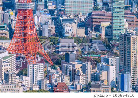 日本の東京都市景観 大都会・東京。東京タワーや増上寺などを望む 日本の東京都市景観 大都会・東京。東京タワーや増上寺などを望む 106694810