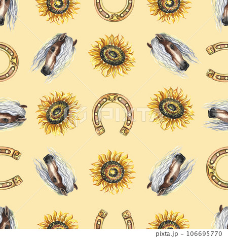 Seamless pattern with horse portrait, horseshoe and sunflower. Watercolor painted by hand. For printing, textiles Seamless pattern with horse portrait, horseshoe and sunflower. Watercolor painted by hand. For printing, textiles 106695770