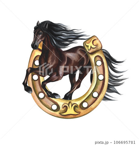 Running horse. Hand watercolor. Brown horse isolate. For printing, stickers and labels. For postcards, business cards 106695781