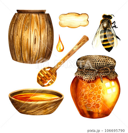 Honey set with a wooden barrel a bee a bowl of honey, a glass jar, Isolate watercolor illustration. For design solutions 106695790