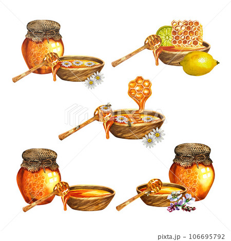 A set of compositions with honey.Isolate on a white background. watercolor hand drawn illustration. For design solutions for banners, postcards, packaging and labels, stickers, etc. 106695792