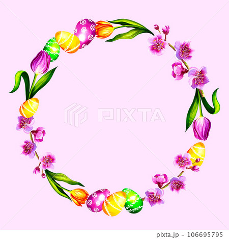 Round frame with colorful painted eggs on an...のイラスト素材 [106695795] - PIXTA